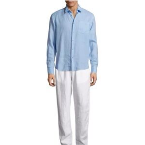 Vilebrequin Lagoon linen long sleeve light blue casual button down shirt |XXXL